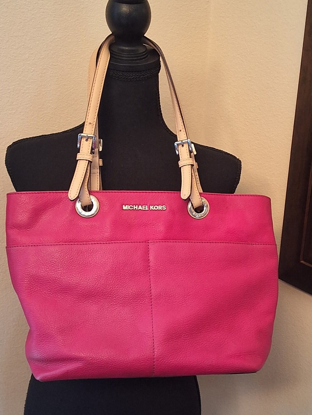 Michael Kors Hot Pink Leather Tote with Tan Straps